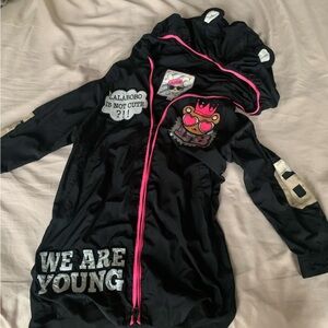 Black Hooded Windbreaker with Pink Trim and Graphic Patches